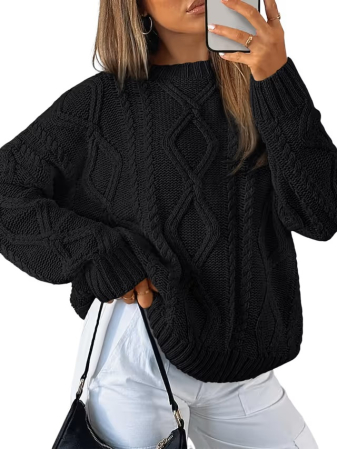 Bluze dama - Bluza neagra casual lejera pentru femei, pulover cu maneci lungi si decolteu rotund, L