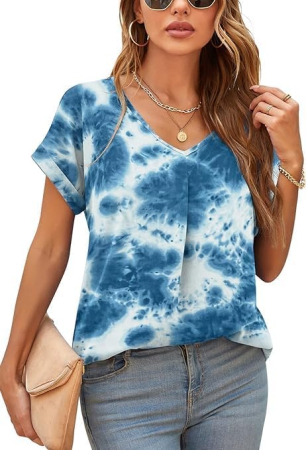 Bluze dama - Bluză albastra Damă Yommay din Șifon, Decolteu în V, Mânecă Scurtă, Elegantă, Vară, 3XL