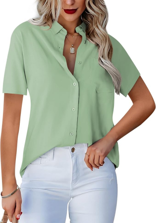 CAMASI FEMEI - Bluză Damă verde cu Nasturi și Decolteu în V, Mâneci Scurte, Croi Elegant, Material Ușor și Respirabil, Office Casual S