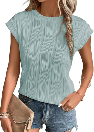 Tricouri dama - Tricou bleu Damă cu Mâneci Tip Fluture, Guler Rotund, Material Ribbed, Croi Lejer, XL
