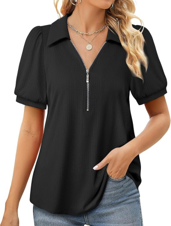 Tricouri dama - Bluză neagra Damă cu Decolteu în V și Mâneci Bufante, Croi A-Line, Material Elastic și Respirabil, XL