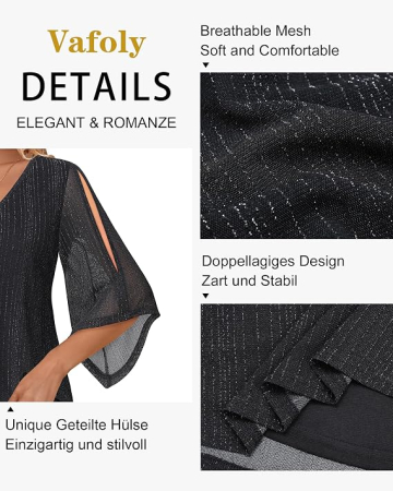 Bluză damă cu mâneci tip fluture, decolteu în V, neagra cu sclipici argintiu M [6]