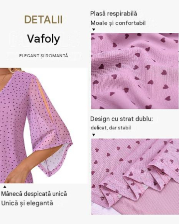Bluză damă cu mâneci tip fluture, decolteu în V, mov cu imprimeu M [5]