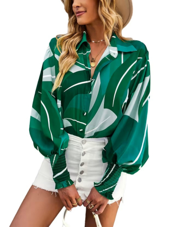 Tricouri dama - Bluză Damă Florală cu Nasturi, Mâneci Lanternă, camasa lejera, XL
