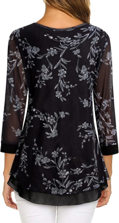 Bluză neagra Damă Gaharu, Imprimeu Floral, Mâneci 3/4, Decolteu în V, Dublu Strat, L [3]