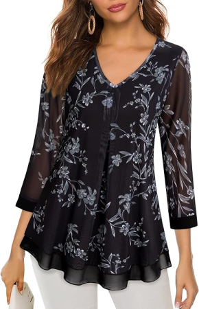 Bluze dama - Bluză neagra Damă Gaharu, Imprimeu Floral, Mâneci 3/4, Decolteu în V, Dublu Strat, L
