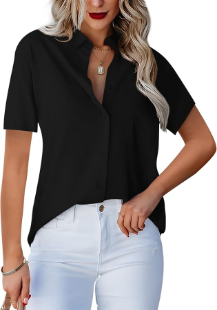 CAMASI FEMEI - Bluză neagra Damă cu Nasturi și Decolteu în V, Mâneci Scurte, Croi Elegant, Material Ușor și Respirabil, Office Casual S