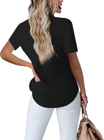 Bluză neagra Damă cu Nasturi și Decolteu în V, Mâneci Scurte, Croi Elegant, Material Ușor și Respirabil, Office Casual S [2]