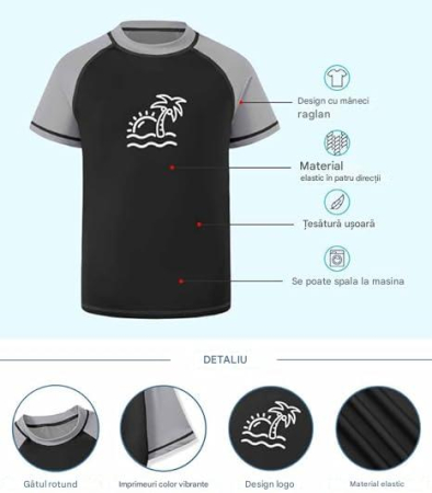 Bluza de inot pentru copii, maneca lunga, respirabila protectie UV, negru/gri 130 cu model [3]