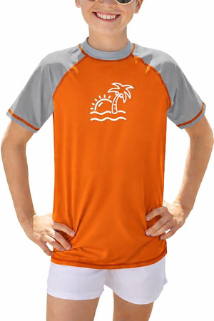 Bluze copii - Bluza de inot pentru copii, maneca lunga, respirabila protectie UV, portocaliu/gri 160 cu model