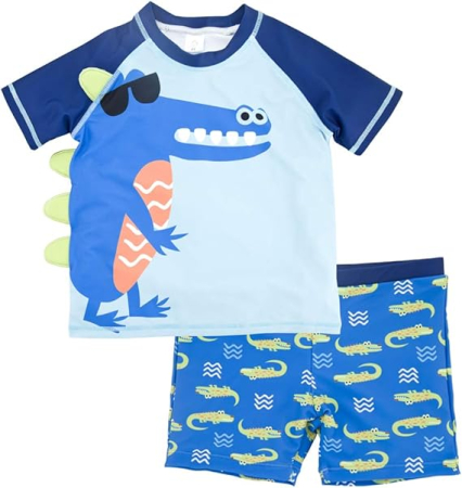 Bluze copii - Costum de inot pentru copii 4 ani, pantaloni scurti si tricou, protectie UV, model cu crocodili