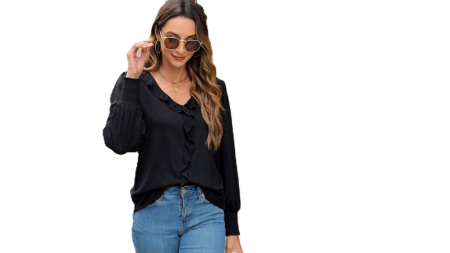 BLUZE FEMEI - Bluza de vară pentru femei,  cu maneci lungi evazate, neagra S