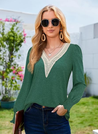 Bluza de vară pentru femei,  cu maneci lungi evazate, verde S [2]