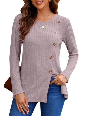 Bluze dama - Bluza eleganta lejera pentru femei, maneca lunga, decolteu rotund roz S