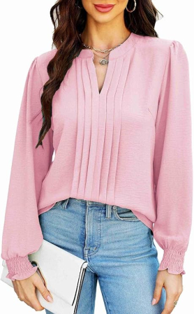 Bluze dama - Bluza eleganta lejera pentru femei, maneca lunga, decolteu V, Roz M