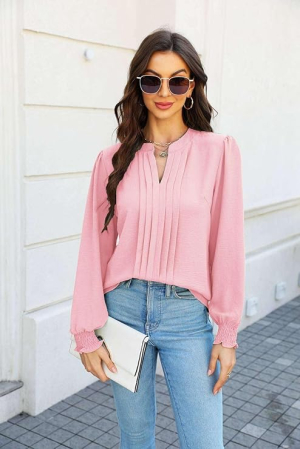 Bluza eleganta lejera pentru femei, maneca lunga, decolteu V, Roz M [1]