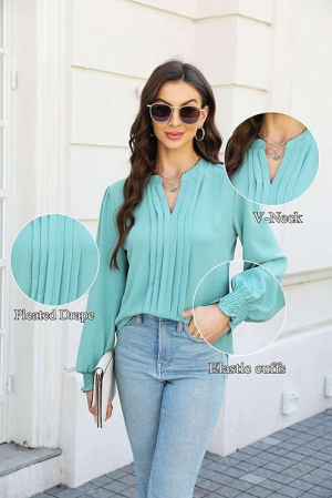 Bluza eleganta lejera pentru femei, maneca lunga, decolteu V, Roz M [4]