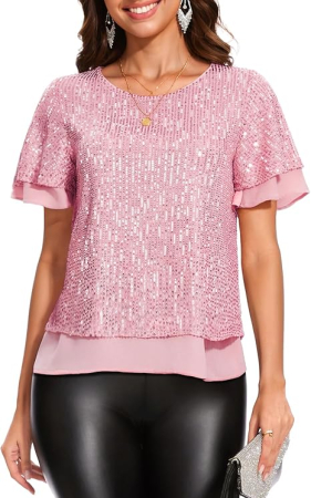 Bluze dama - Bluza eleganta lejera pentru femei, maneci scurte, decolteu rotund, Roz cu paiete S