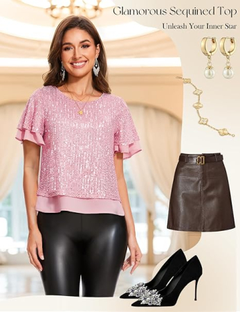 Bluza eleganta lejera pentru femei, maneci scurte, decolteu rotund, Roz cu paiete S [3]