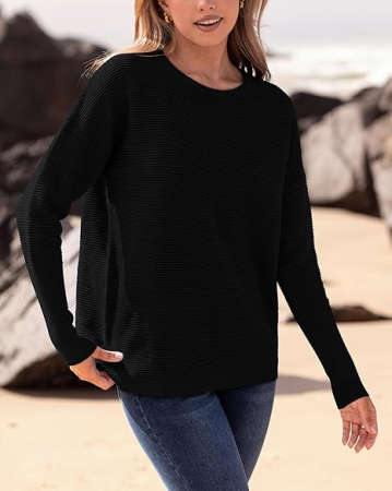 Bluza casual lejera pentru femei, maneci lungi, decolteu rotund, Negru M [3]