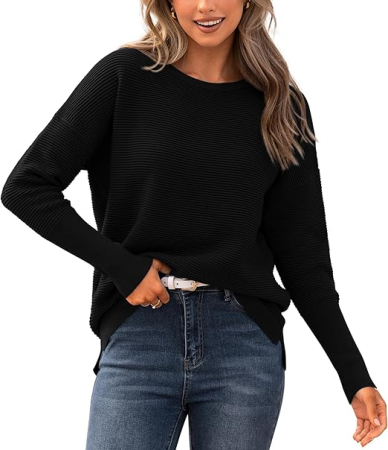Bluze dama - Bluza casual lejera pentru femei, maneci lungi, decolteu rotund, Negru M