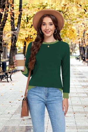 Bluza verde, lejera pentru femei, cu maneci lungi, guler rotund, M [2]