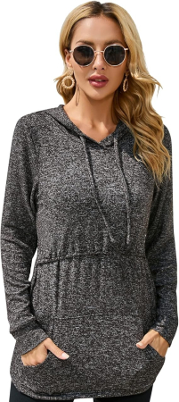 Bluze dama - Bluza lejera gri inchis pentru femei, cu buzunar si gluga, XL