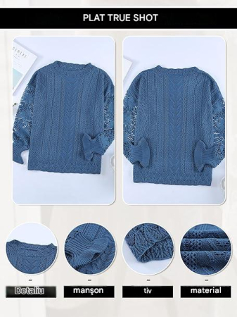 Bluza albastra lejera pentru femei, cu maneci lungi dantelate, S [3]