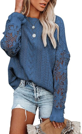 Bluze dama - Bluza albastra lejera pentru femei, cu maneci lungi dantelate, S
