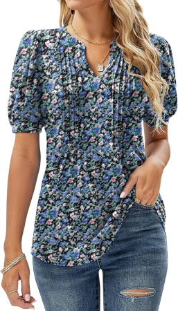 Bluze dama - Bluză albastra Damă EFFAN cu Imprimeu Floral, Decolteu V, Mâneci Bufante, S