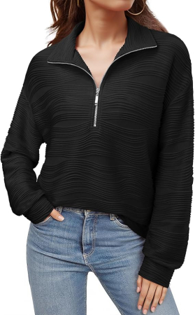 Bluza neagra texturata larga, cu maneci lungi, decolteu V cu fermoar, M [3]