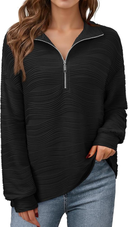 Bluze dama - Bluza neagra texturata larga, cu maneci lungi, decolteu V cu fermoar, L