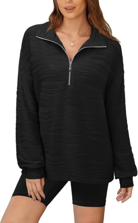 Bluza neagra texturata larga, cu maneci lungi, decolteu V cu fermoar, M [1]