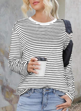 Bluza alba lejera pentru femei, cu maneci lungi, cu dungi negre, M [4]