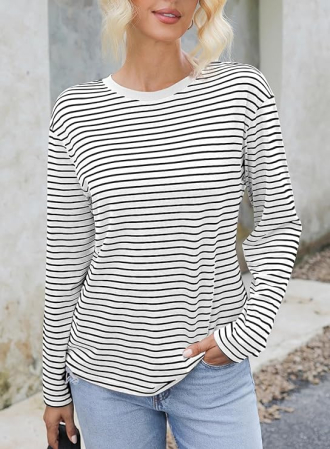 Bluza alba lejera pentru femei, cu maneci lungi, cu dungi negre, M [2]
