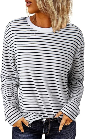 Bluze dama - Bluza alba lejera pentru femei, cu maneci lungi, cu dungi negre, M