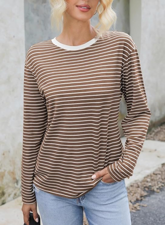 Bluza maro lejera pentru femei, cu maneci lungi, cu dungi albe, S [2]