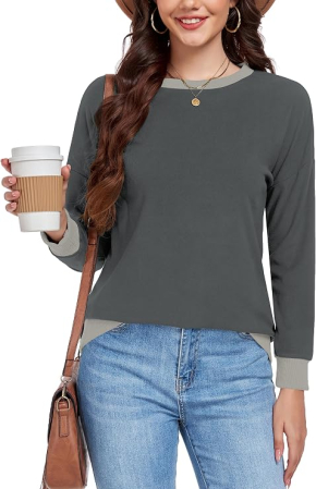 Bluza gri inchis, lejera pentru femei, cu maneci lungi, guler rotund, S [1]