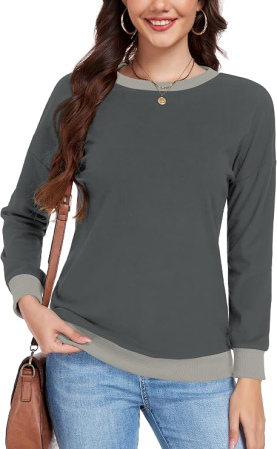 Bluze dama - Bluza gri, lejera pentru femei, cu maneci lungi, guler rotund, L
