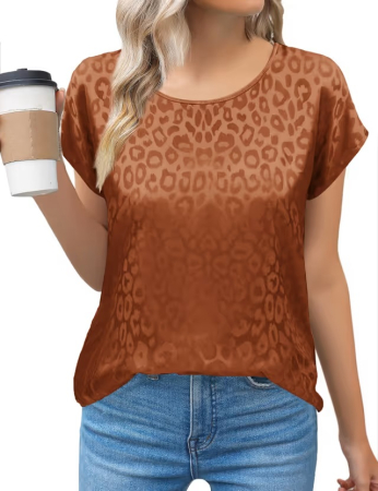 Bluze dama - Bluza maro lejera din satin, cu mânecă scurta pentru femei,  S