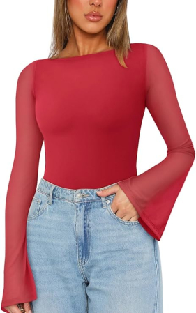 BLUZE FEMEI - Bluza pe corp, body cu mânecă lungă pentru femei, rosu S