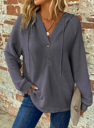 Bluza larga, Hanorac damă cu glugă și șnur, decolteu în V, închidere cu nasturi și croială oversized, gri M [2]