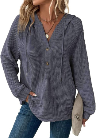 BLUZE FEMEI - Bluza larga, Hanorac damă cu glugă și șnur, decolteu în V, închidere cu nasturi și croială oversized, gri M