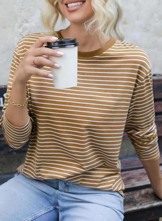 Bluza kaki lejera pentru femei, cu maneci lungi, cu dungi albe, 2XL [6]
