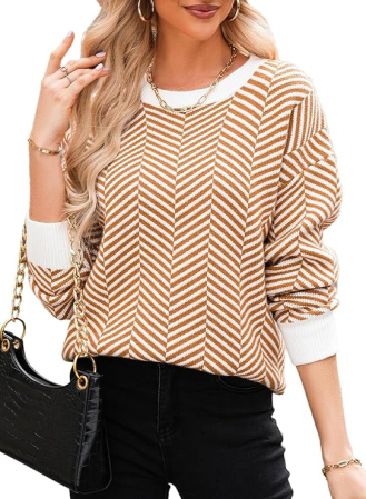 Bluze dama - Bluza larga cu maneci lungi, alba cu dungi maro inchis 2XL