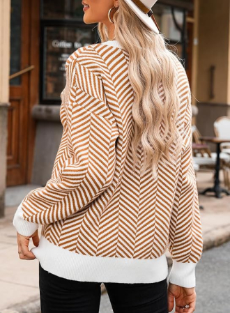 Bluza larga cu maneci lungi, alba cu dungi maro inchis 2XL [2]