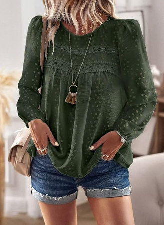 Bluza larga cu maneci lungi, cu buline elvețiene, dantelă, pliabilă în față, verde L [4]