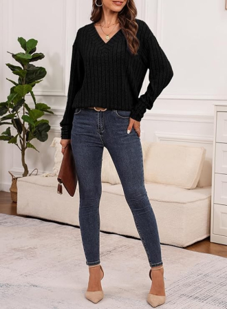 Bluza larga cu maneci lungi cu masete cu nasturi, neagra S [4]