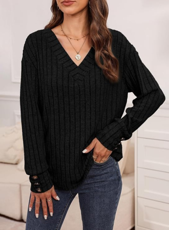 Bluza larga cu maneci lungi cu masete cu nasturi, neagra S [3]