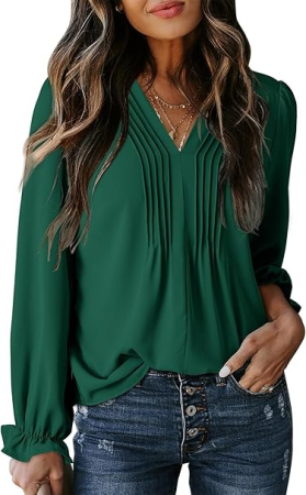 Bluze dama - Bluza verde larga cu maneci lungi, decolteu in V, respirabila, M